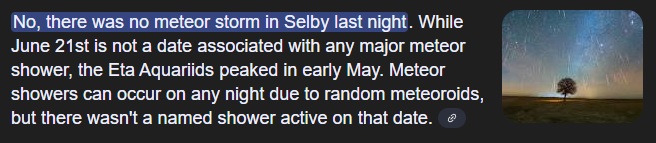 UFO sighting over Selby, research on meteor showers